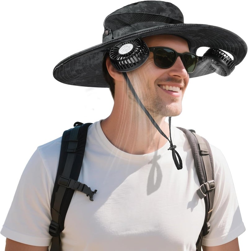 AMACOOL 2-in-1 Hands-free Hat Fan with Detachable Neck Fan, UPF 50+ Wide Brim Sun Hat, 3-Speed Adjustable, 2600mAh Rechargeable Fishing Essentials for Men Women Camping Travel Delivery Outdoor-Camo - Image 1